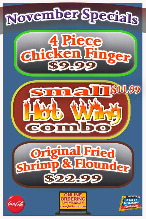 November Specials At Carey Hilliard's Restaurants