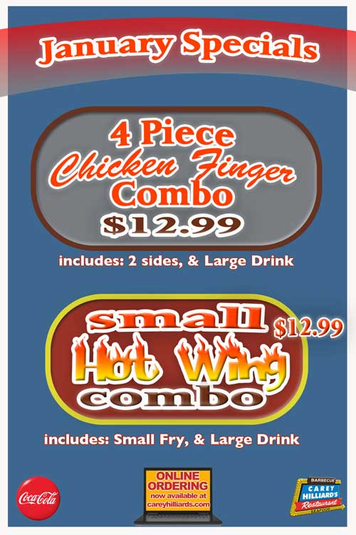 January Specials At Carey Hilliards Restaurants