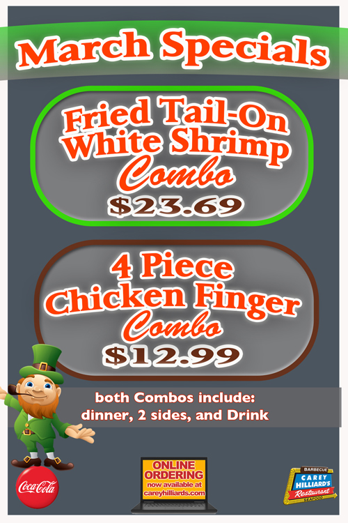 March Specials At Carey Hilliard's Restaurants