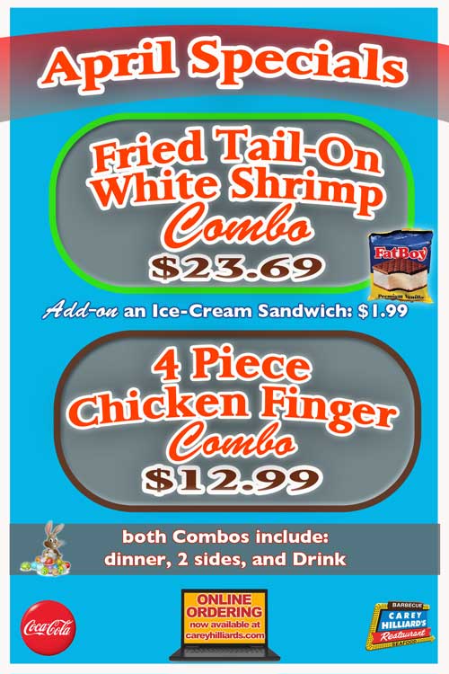 Aprils Specials At Carey Hilliard's