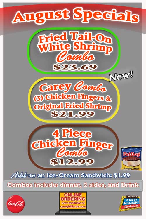 August Specials at Carey Hilliard's Restaurants